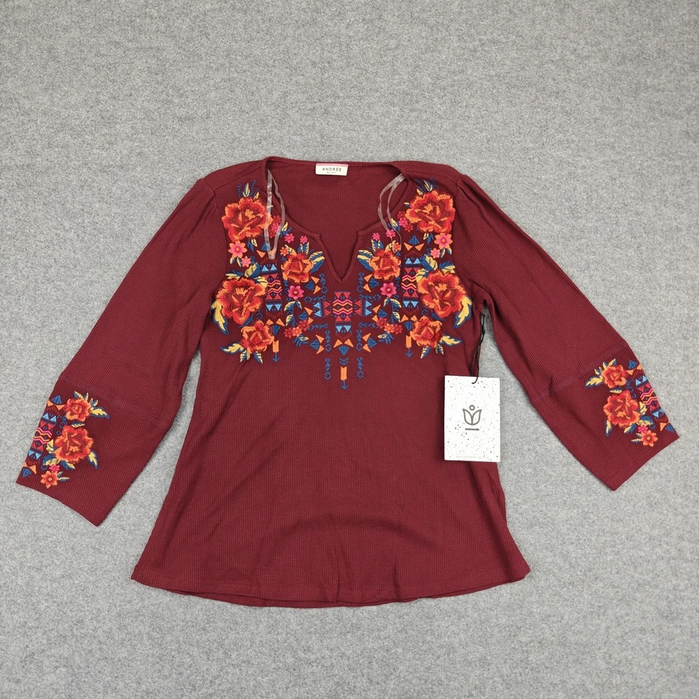 Andree By Unit Blouse Womens Small Red Embroidered Boho Tunic Top 3/4 Sleeve New